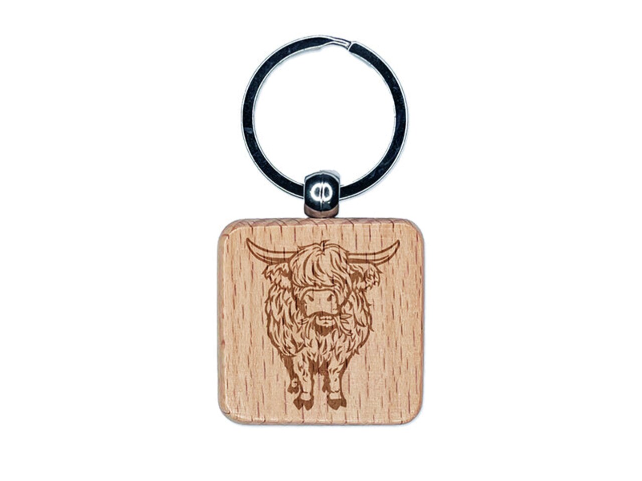 Shaggy Highland Cow Eating Grass Engraved Wood Square Keychain Tag Charm